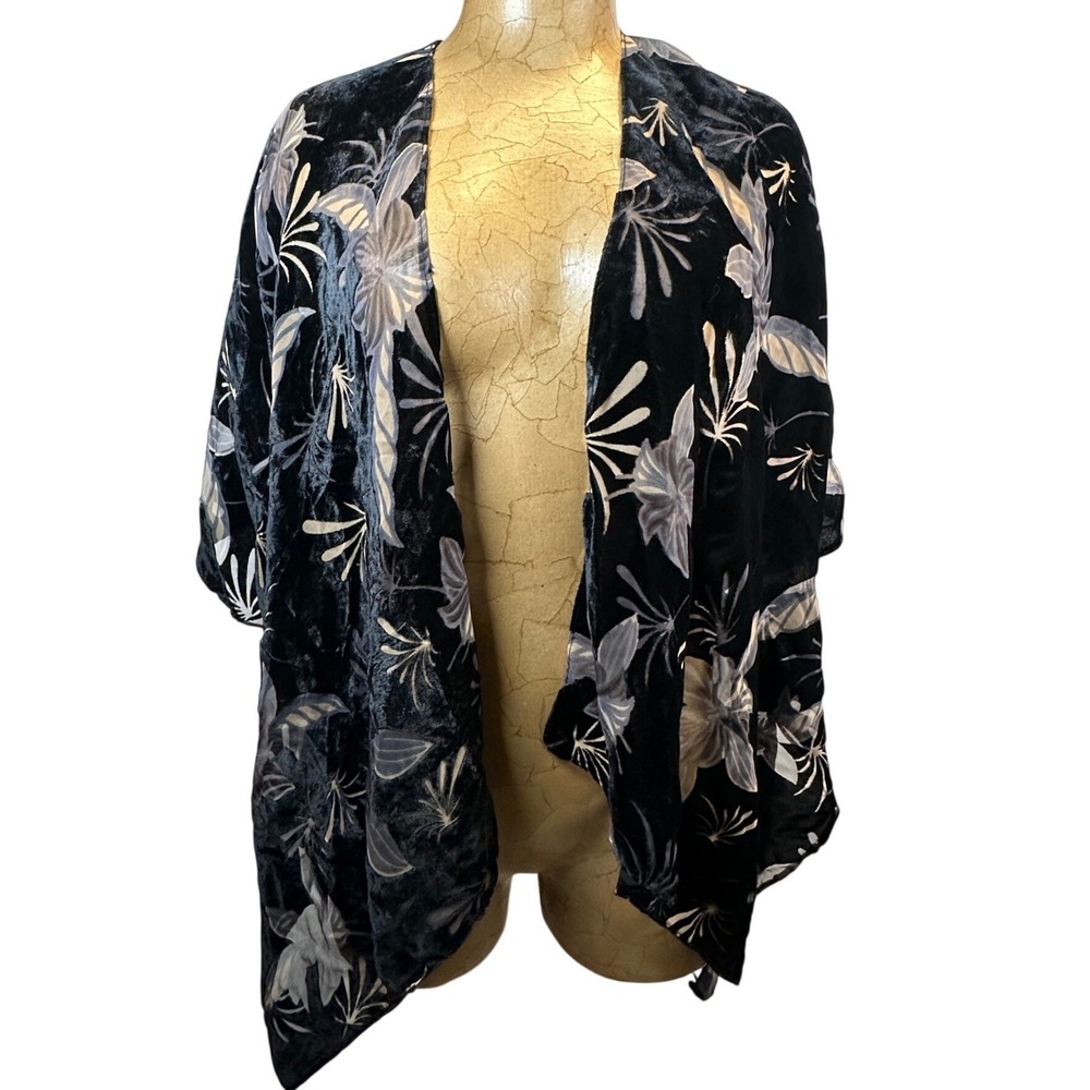 Black Floral Velvet Burnout Kimono Wrap Cardigan OS Tropical Sheer Shawl